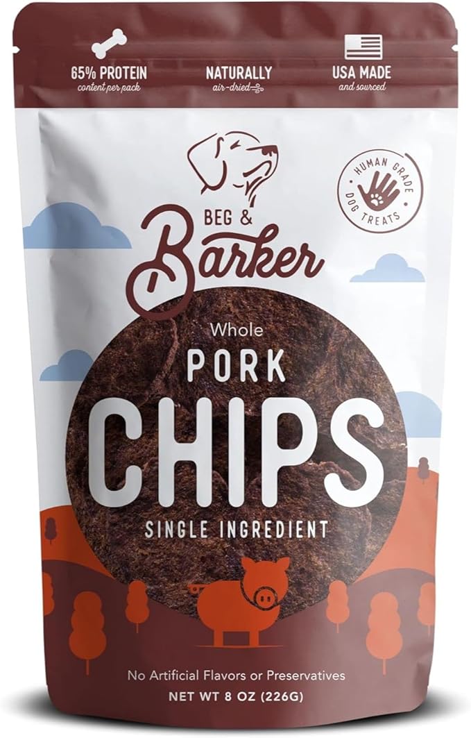 Beg & Barker Pork Chips for Dogs (8 Ounce, Pack of 1) - Single Ingredient Dog Treats Made for Large & Small Dogs Protein Human Grade Dog Treats Made from Real Meat Pork, Made in USA