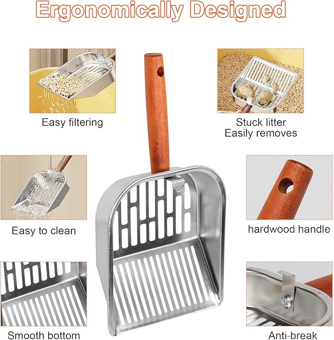 Stainless Steel Cat Litter Scoop with Holder, Kitty Poop Scooper Stand for Litter Box, Fast Sifting Non-Stick Cat Poop Scooper with Coarse and Fine Grids for All Litter Pan, Green