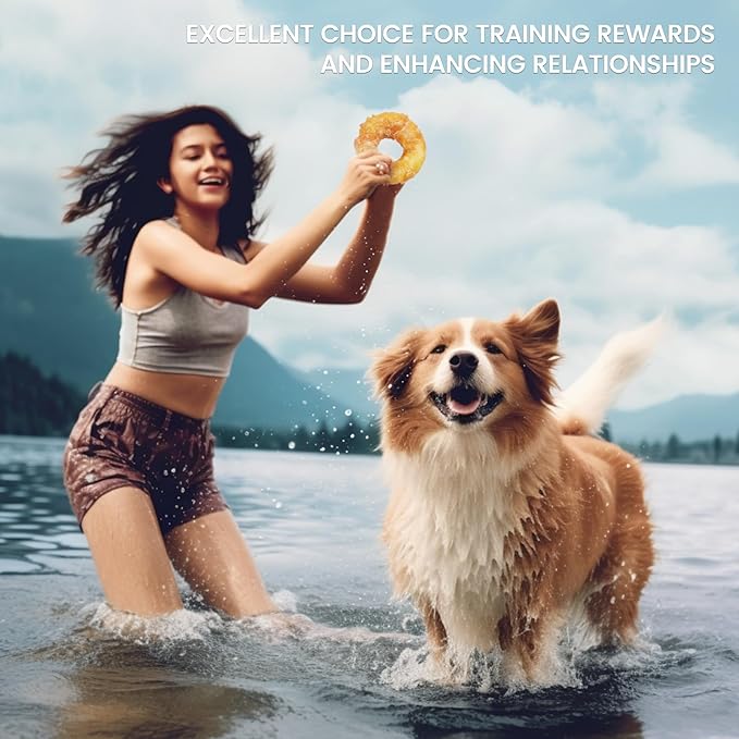 Dog Treats Large Breed, Chicken Wrapped Rawhide Donuts Ring, Rawhide Dog Chews Long Lasting, Grain Free Snacks with Taurine for Medium Large Dogs, 4 Counts