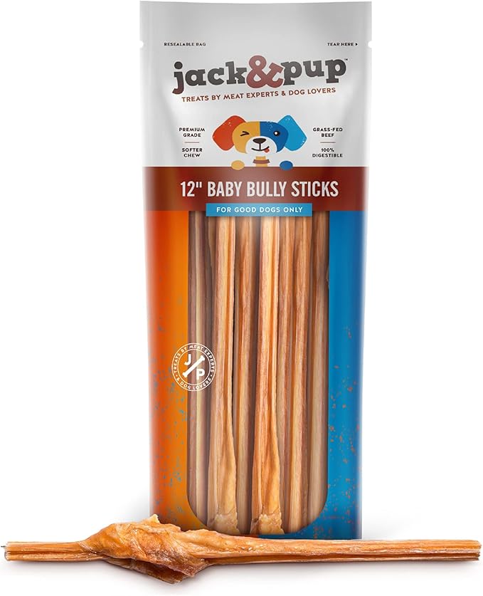 Jack&Pup Dog Bully Sticks for Small Dogs - 12 Inch Junior Bully Sticks for Dogs (18 Pack) Great Bully Stick for Teething Puppies