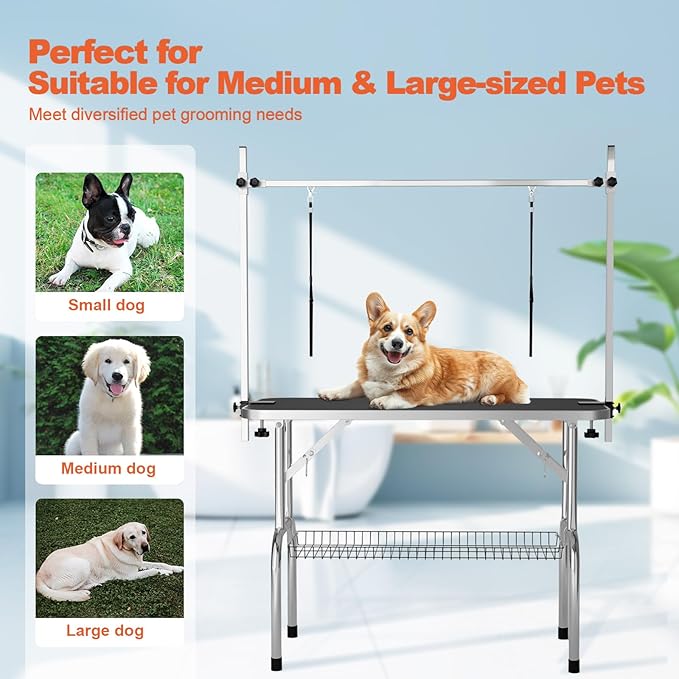 46'' Dog Grooming Table for Large Dogs, Foldable Professional Grooming Table for Dogs at Home with Double Loops/Mesh Tray/Adjustable Arm, Capacity up to 330lbs, Black