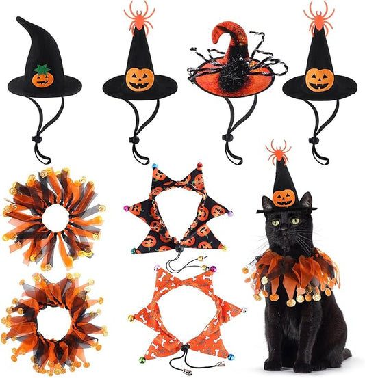 Abbylike 8 Pcs Cat Halloween Costume Witch Hat and Tutu Collar with Bells for Cat Halloween Witch Pet Costume Accessories for Small Kitten Dog Cosplay Party Decor