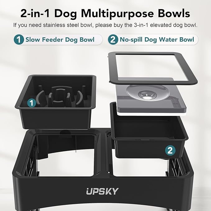 UPSKY 2-in-1 Elevated Dog Bowls Slow Feeder, 4 Height Adjustable Raised Bowls Stand, No Spill Dog Water Bowls, Anti-Slip Food and Water Bowl for Small Medium Dogs(Not Include Stainless Steel Bowl)