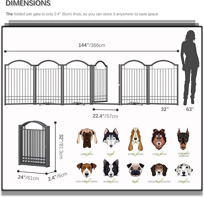 4NM Metal No Drilling Expandable Dog Gate, Extra Wide 144", Extra Tall 32" Free Standing Pet Gate with Door, Gates for Dogs Outdoor or Indoor, with 4PCS Support - Black