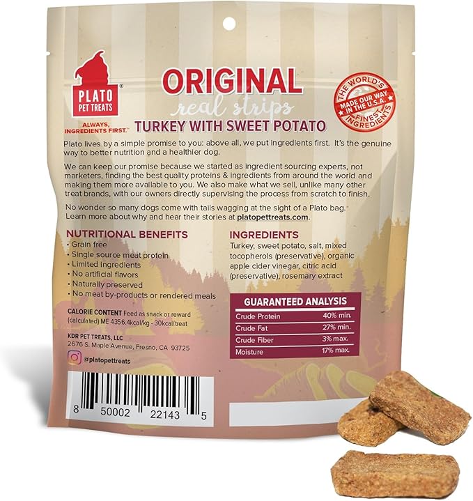 PLATO Original Real Strips Turkey & Sweet Potato Recipe 3oz, Natural