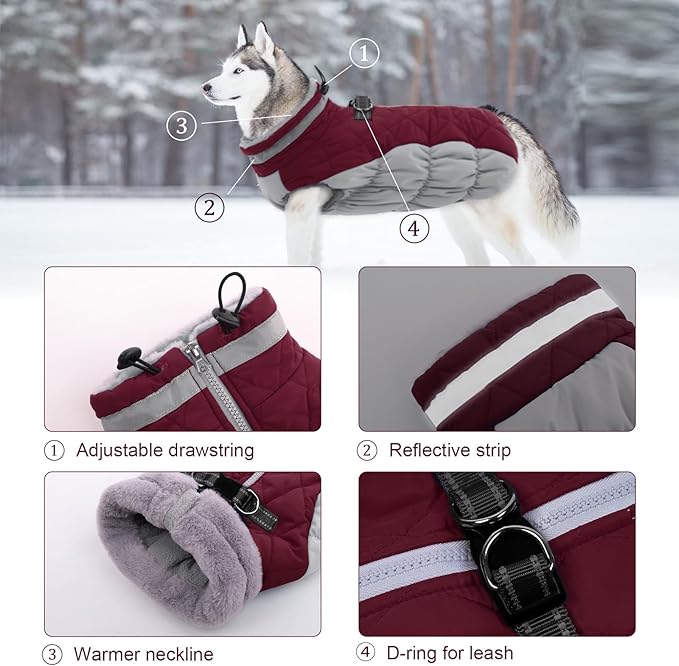 Lelepet Dog Coat Warm Dog Winter Coat Waterproof Dogs Jacket with Harness Built in Reflective Pet Fleece Vest Zip-Up Cold Weather Coats for Medium Dogs Turtleneck Windproof Coats Dachshund Wine Red M
