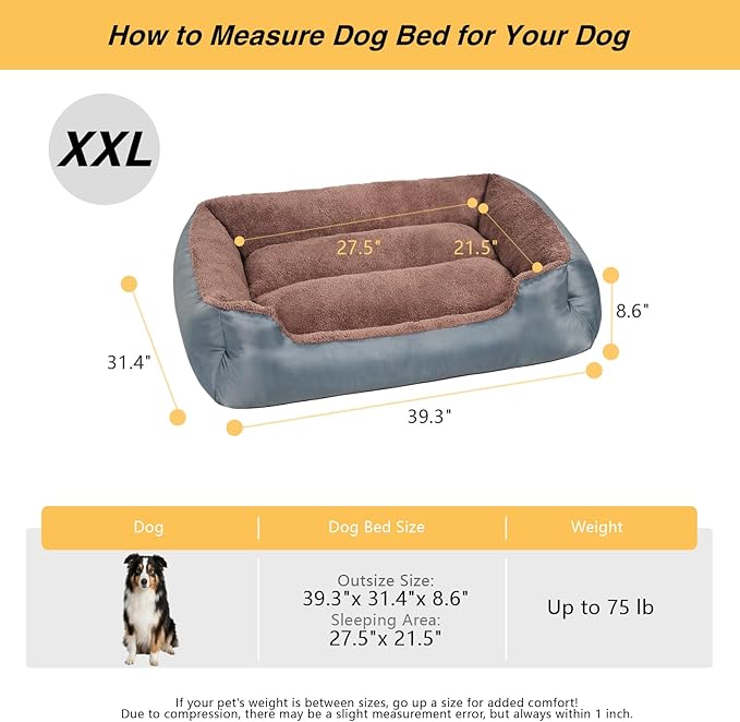 Dog Beds for Large Dogs, Rectangle Washable Dog Couch, Comfortable and Breathable Pet Bed with Nonskid Bottom, Grey