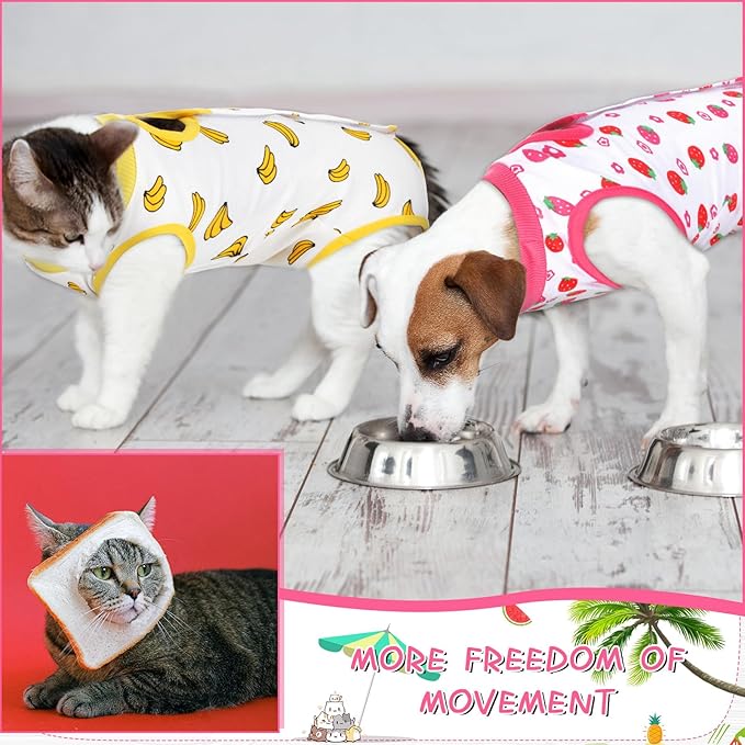 Nuanchu 3 Pieces Cat Recovery Suit Kitten Recovery Suit E-Collar Alternative for Cats and Dogs Abdominal Skin Anti Licking Pajama Clothes Sets(Small,Strawberry Style,Colorful)