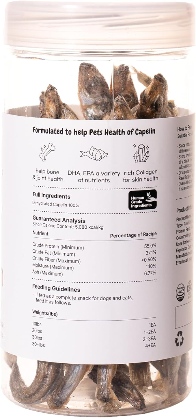Puppyluv Treat - Freeze Dried Capelin Dog & Cat Treats, Rich Fish Oil with Omega 3 Fatty Acides to Support Skin and Coat, Whole Fish, Grain Free, 2.3oz