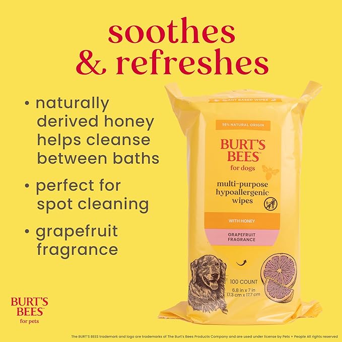 Burt's Bees for Pets Multipurpose Dog Wipes with Honey, Grapefuit Fragrance, 98% Natural Origin Formulas, Hypoallergenic Dog Wipes Cleaning, Dog Cleaning Wipes, Dog Wipes for Paws and Butt, 100ct