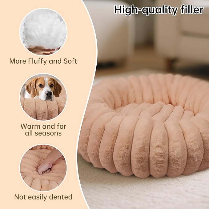Donut Dog and Cat Bed, Luxurious Comfortable Faux Rabbit Fur Pet Beds, Round Anti-Anxiety Calming Puppy Kitten Bed with Anti-Slip Bottom for Small Medium Dogs & Cats(28", Brown)
