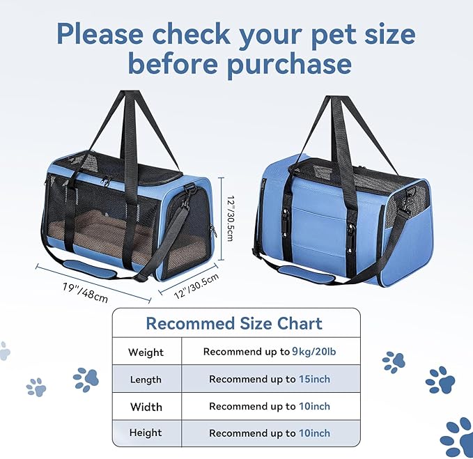 PETSFIT Cat Car Carrier for Medium Cats Dogs, 19"x12"x12" TSA Approved Pet Carrier, with Patent Safety Buckles and Escape-Proof Zipper - Safeguarding Car Travel, Vet Visit, Outdoor