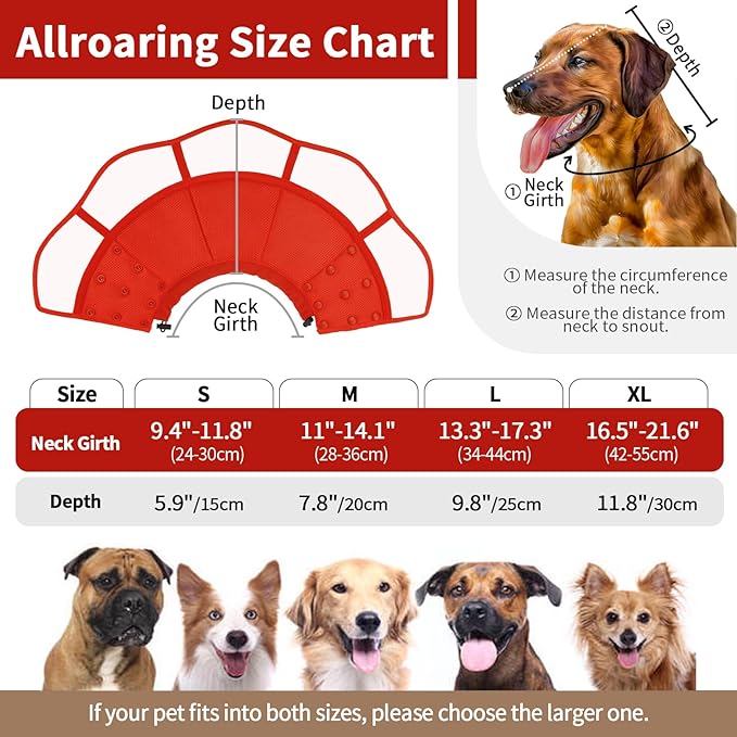 Allroaring Dog Cone Alternative, Soft Dog Cones for Large Dogs, Adjustable Doggie Recovery Cone Collar Comfy Pet Elizabethan Collars to Stop Licking for Wound Healing Care Spay Neuter, Red L