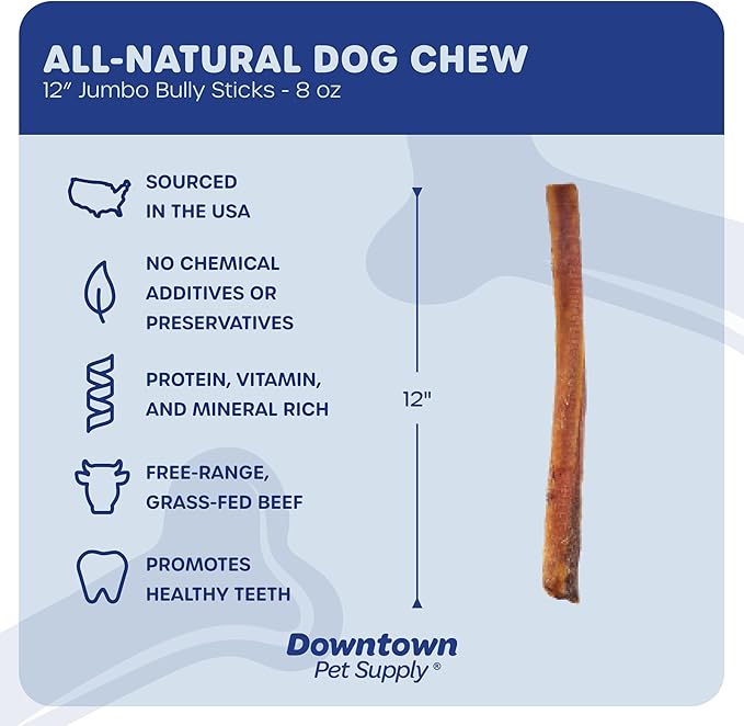Downtown Pet Supply USA-Made 12", 8 Oz. Jumbo Bully Sticks for Large Dogs - Rawhide Free Dog Chews Long Lasting and Non-Splintering - Single Ingredient, Low Odor Bully Sticks for Medium Dogs