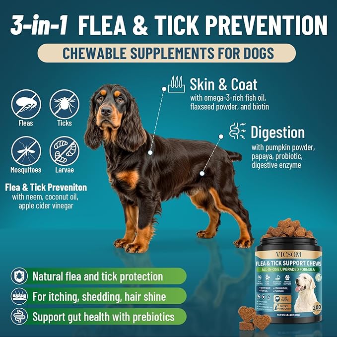 Flea and Tick Prevention for Dogs & Cats Chewable, 400 Treats (200 Dog + 200 Cat) – Natural Oral Flea Treatment for Dogs & Cats with Skin & Digestive Support, Beef & Salmon Flavor, All Breeds & Ages