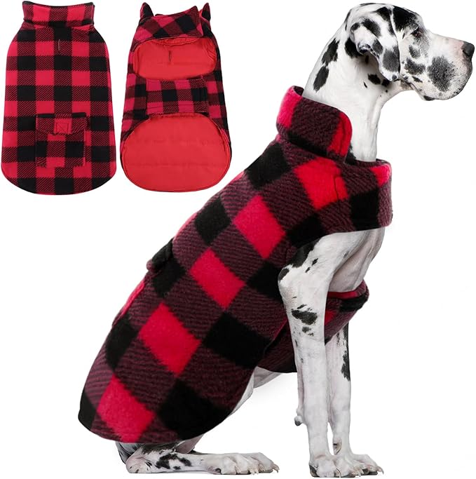 AOFITEE Dog Coat Plaid Dog Winter Coat for Large Dogs, Warm Dogs Jacket Christmas Sweater, Waterproof Pet Puffer Jacket, Reversible Pet Cold Weather Coats for Small Medium Large Pets, Red XXXL