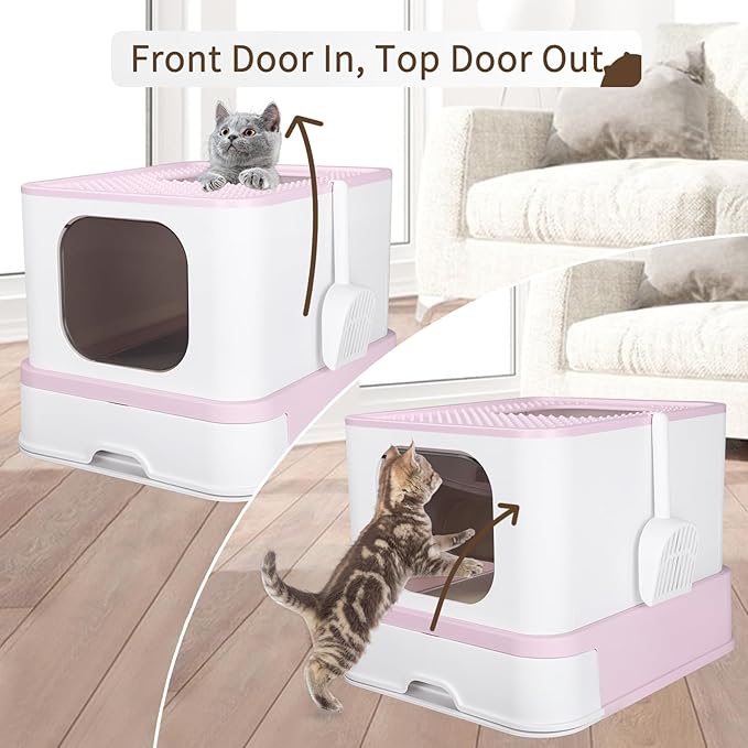 RIZZARI Stainless Steel Cat Box: Large for Cats Up to 45 lbs - Covered Odor Control Enclosure with Easy Clean - Pink - Anti-Splash Design for Multi-Cat Families & Apartments