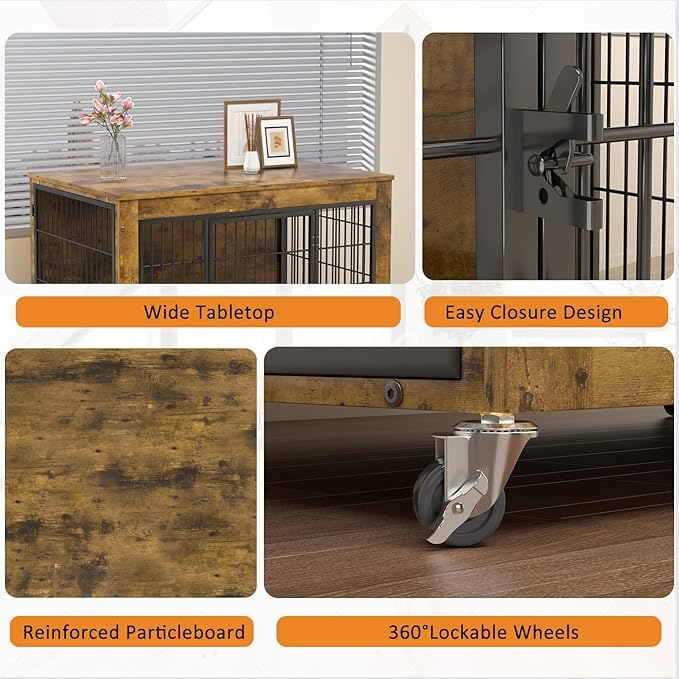 Dog Crate Furniture with Cushion,38" Wooden Dog Crate nightstand with Double Doors, Brown Kennel Indoor with Wheels, Decorative Pet House for Small Medium