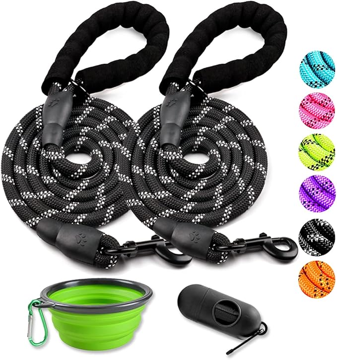 COOYOO 2 Pack Dog Leash 6 FT Heavy Duty - Comfortable Padded Handle - Reflective Dog Leash for Medium Large Dogs with Collapsible Pet Bowl