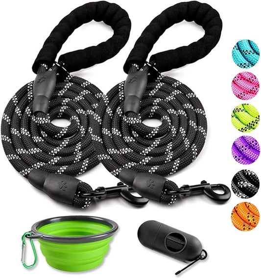 COOYOO 2 Pack Dog Leash 5 FT Heavy Duty - Comfortable Padded Handle - Reflective Dog Leash for Medium Large Dogs with Collapsible Pet Bowl