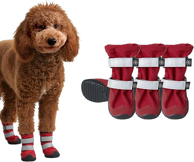 Spark Paws Dog Shoes, Waterproof Dog Boots for Medium to Large Dogs, Non Slip, Breathable Dog Booties and Paw Protectors - 4PCS Doggie Hiking Boots with Reflective Straps - Red, Size 5