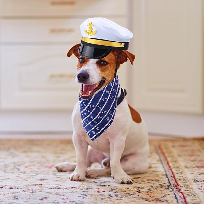 Yewong Pet Captain Sailors Costume Set Dog Cat Sea Captain Hat with Pet Anchor Triangle Bibs Scarf for Cat Puppy Navy Halloween Cosplay Costume Accessories Photo Props (White-C)