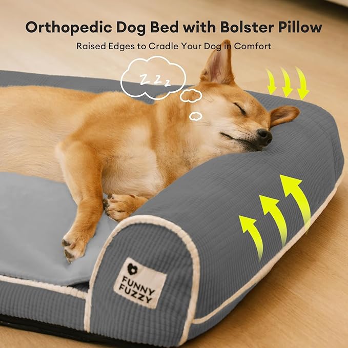 FUNNY FUZZY Orthopedic Dog Bed – Washable Dog Bed with Double Layer Plush Cushion Sofa Style Design with Bolstered Sides for Small Medium & Large Dogs Removable Cover M Size (23.6"x19.7"x6.9") Grey
