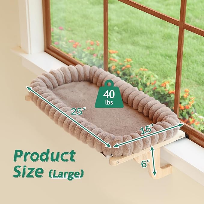 Zakkart SnugCloud Cat Window Perch with 4-Sided Bolster - Orthopedic Cat Hammock for Window Sill - Solid Hardwood & Metal Frame - Window Seat for Pets (Natural Color Wood w/Brown Bed, Large)