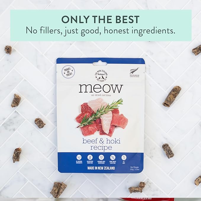 The New Zealand Natural Pet Food Co Meow Air Dried Cat Food - Beef & Hoki Recipe,High Protein Dry Cat Food, Training Treats, Meals & Toppers,3.5oz