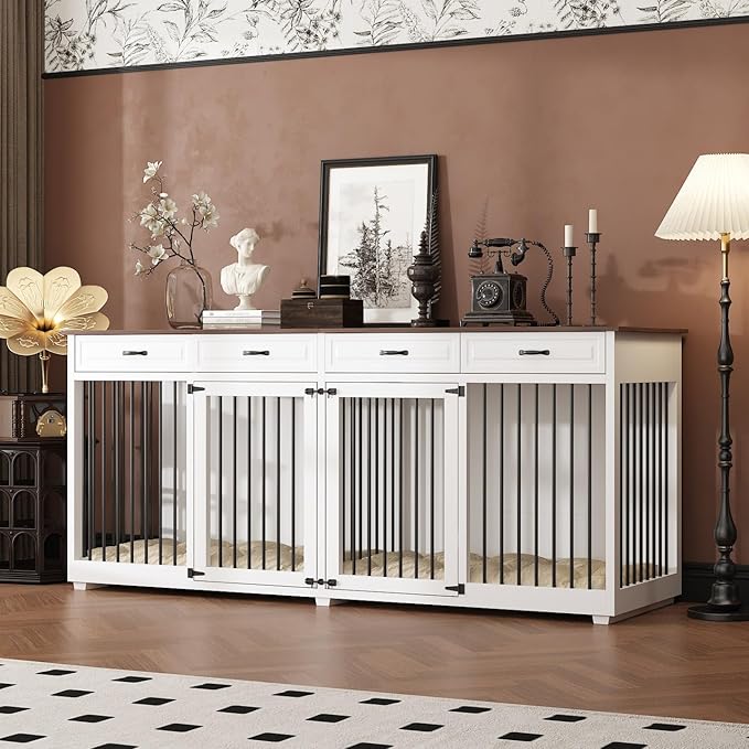 Extra Large Dog Crate, 86.6" Heavy Duty Wooden Dog Cage Furniture Dog Crate Kennel with Drawers & Removable Divider,Indoor Luxury Dog House with Double Rooms for XL L Breed Dogs, White