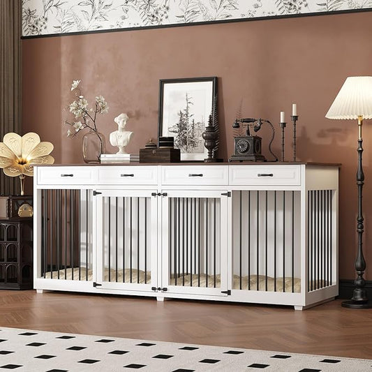 Extra Large Dog Crate, 86.6" Heavy Duty Wooden Dog Cage Furniture Dog Crate Kennel with Drawers & Removable Divider,Indoor Luxury Dog House with Double Rooms for XL L Breed Dogs, White