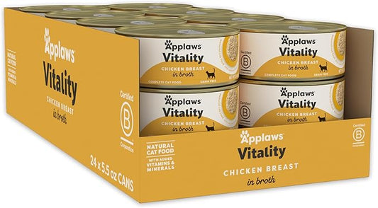 Applaws Vitality Wet Cat Food in Broth, Natural Cat Food with Added Vitamins & Minerals, Grain-Free, Carrageenan Free, Chicken Breast in Broth (24 Count, 5.5oz Cans)