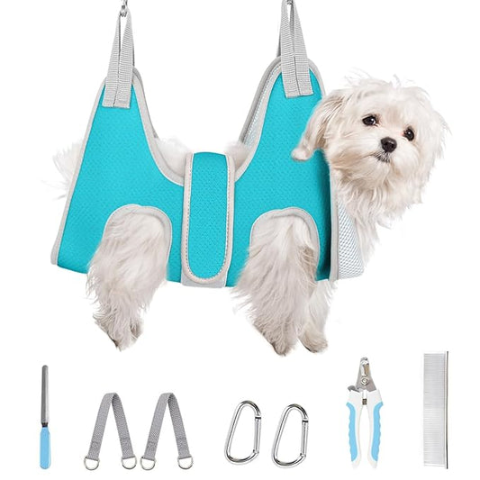 Supet Dog Grooming Hammock for Small Dogs, Dog Hanging Harness for Nail Trimming Doorframe, Pet Holder Restraint for Clipping Nails, Pet Hoist Sling for Cutting Nails at Home (Blue XS)