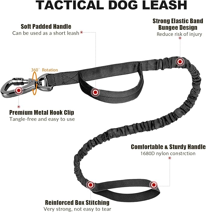 Tactical Dog Collar and Bungee Leash,Military Dog Collar & Leash Set with USA American Flag Adjustable K9 Collar with Heavy Duty Metal Buckle & Handle,with Patches and Airtags Case(XL, Black)