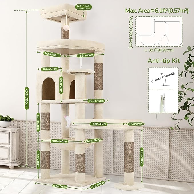 Globlazer Extra Large Platform Cat Tree, 65in Tall Sturdy Cat Tree for Indoor Cats Large Adult, Big Cat Tower for Big Cats with 3 Enlarged Perches, 6 Scratching Posts, Cat Condo, Hammock, S65, Beige