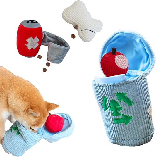 Squeaky Dog Toy, Interactive Plush Hide & Seek Puzzle Toys for Small Medium Large Dogs – Treat Dispenser 4-in-1 Durable Chew Toy, Dog Birthday for Dog Gifts (Trash Can)