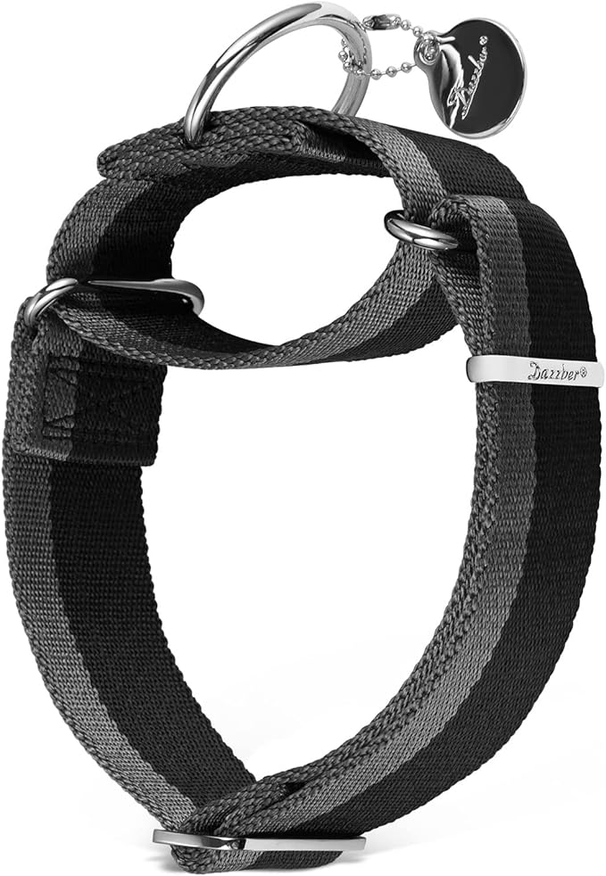 Martingale Collar 1.5 Inch Wide 1200D Extra Strong Nylon Dog Collar, No Pull Heavy Duty Dog Collar with 2-Color Stripe for Medium to XLarge Dogs (Large, 1 1/2 Inch Wide, Black & Grey)
