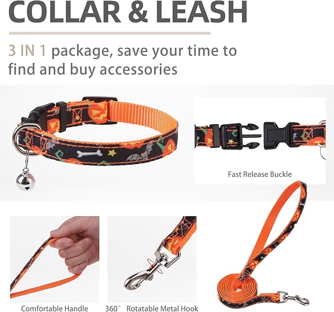 PUPTECK Adjustable Dog Harness Collar and Leash Set Step in No Pull Pet Harness for Small Medium Dogs Puppy and Cats Outdoor Walking Running, Soft Mesh Padded Reflective Vest Harnesses, Halloween, L