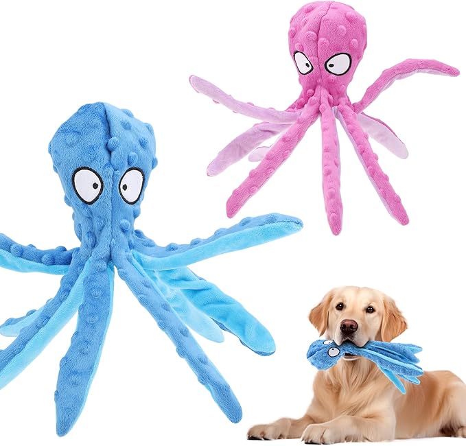 2 Pcs Octopus Dog Toys, No Stuffing Squeaky Dog Toys Chew Toys for Dogs Puppy Toys Indestructible Dog Toy for Small & Medium & Large Dogs (Blue,Purple)