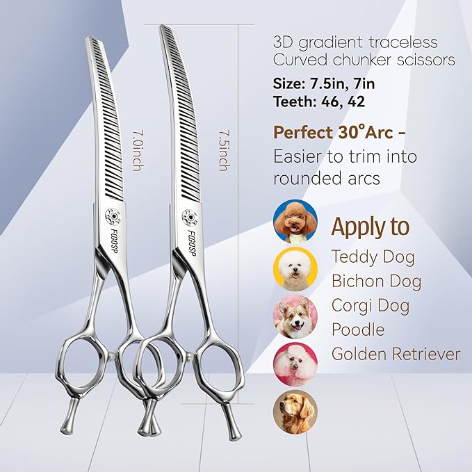Professional 3D Curved Chunkers Dog Grooming Scissors 7.5 in Magic Thinning Shears for Dogs Pet Cat Light Cutting Feel No Marks Only Fluffy Natural 70% Thinning Rate Japan Alloy Steel(7.5,3D)