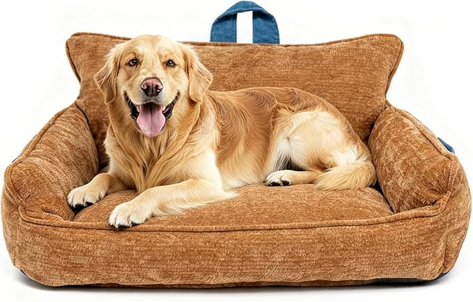 Large Orthopedic Dog Sofa Bed with Sides, Carry Handle & Side Pockets .Plush Chenille Orthopedic Pet Bed Couch for Large Dogs.Portable Snuggler for Indoor Use, Travel & Recovery(Orange)