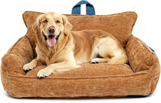 Large Orthopedic Dog Sofa Bed with Sides, Carry Handle & Side Pockets .Plush Chenille Orthopedic Pet Bed Couch for Large Dogs.Portable Snuggler for Indoor Use, Travel & Recovery(Orange)