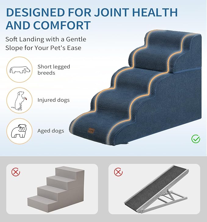 Made4Pets Dog Stairs Ramp for High Bed, 5-Step Pet Stairs for Bed Couch Sofa Climbing, 35D Foam Pet Steps for Small Dogs and Cats, Non-Slip Bottom Dog Steps, Navy