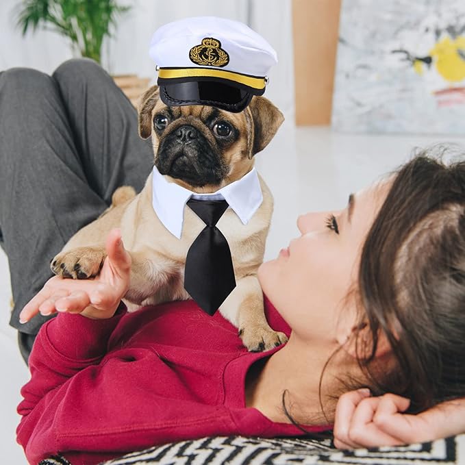 Yewong Pet Captain Costume Set Dog Cat Sea Sailor Hat with Pet Necktie/Bowtie for Cat Puppy Navy Halloween Cosplay Party Supplies Photo Props (Necktie Set-5)