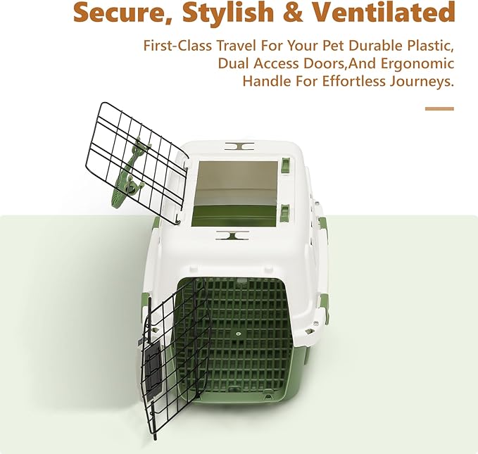 Athena Collection 18" Hard-Sided Travel Pet Carrier for Small Dogs and Cats, Plastic Dog Crate with 2-Door Top & Front Load, Ventilation, Security Lock, Cat Dog Carrier for Pet, up to 10lbs, Green