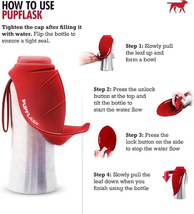 PupFlask Large Dog Water Bottle | 27 or 40 OZ Stainless Steel | Convenient Dog Drink Dispenser | Puppy Travel Water Bowl | Portable Pet Hydration Bottle | Leak Proof | Perfect Size For All Breeds