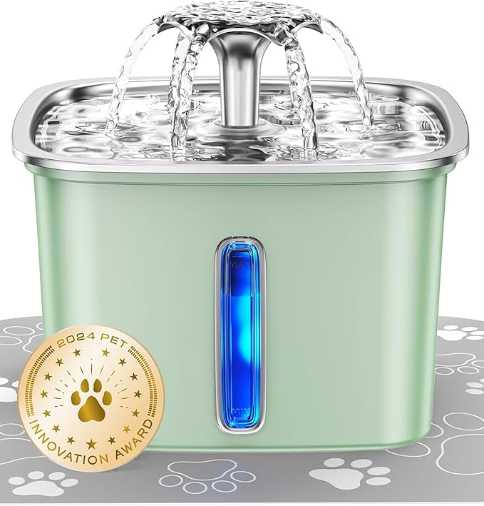 Veken Innovation Award Winner Stainless Steel Cat Water Fountain, 95oz/2.8L Automatic Pet Fountain Dog Water Dispenser with Replacement Filters & Silicone Mat for Cats, Dogs, Multiple Pets (Tea Green)