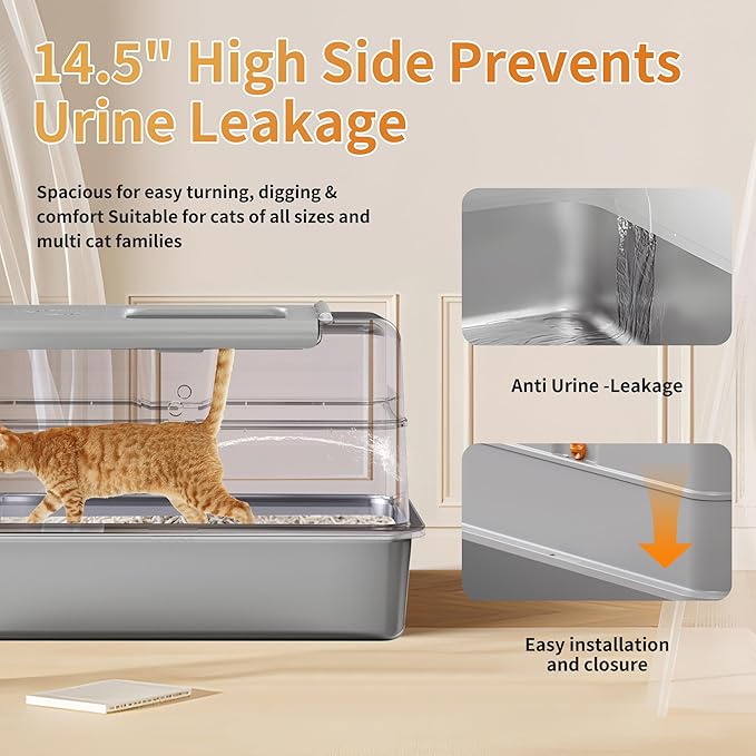 Stainless Steel Litter Box with Lid, 135° Flip-Top Design Metal Enclosed Litter Box for Big Cat, Breeze Litter Box System with Anti-Leakage High Sides, Large Cat Lovers Gifts（Gray）