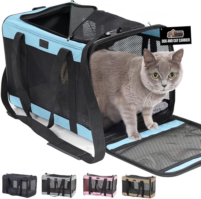 GORILLA GRIP Cat Carrier Travel Bag Up to 15 Lbs, Soft Collapsible Small Dog Carriers, Top and Side Entry Breathable Mesh, Grip Feet on Underside, Cozy Washable Waterproof Pad, Portable Kennel, Blue