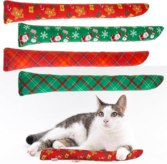 EXPAWLORER Christmas Cat Toys, 4pcs Xmas Soft Pillow Catnip Toys with Bells Inside, Interactive Bite Resistant Fish Shape Kicker Toys for Indoor Kitten Playing